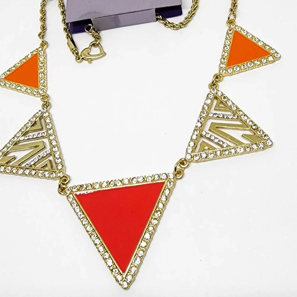 Geometric Retro Pink Orange Gold Triangles Rhinestone Accent Necklace
